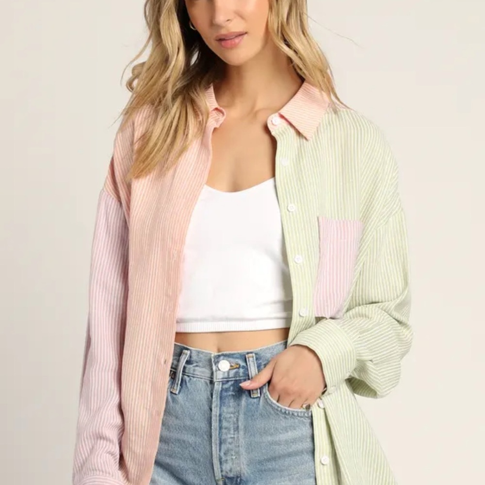 Lulus Block To It Pink Multi Colorblock Long Sleeve Button-Up Top size Small